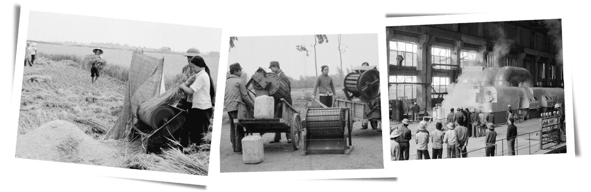 Từ trái sang phải: Cảnh sản xuất lương thực ở Việt Nam sau 1975; Máy tuốt lúa được phân phối cho xã viên hợp tác xã ở Hà Bắc (cũ); Khung cảnh một nhà máy của Việt Nam thời bao cấp.